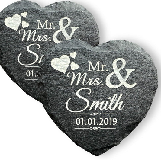 Engraved Heart Slate Wedding Coaster, Mr & Mrs with Hearts, Set of 2, Personalised